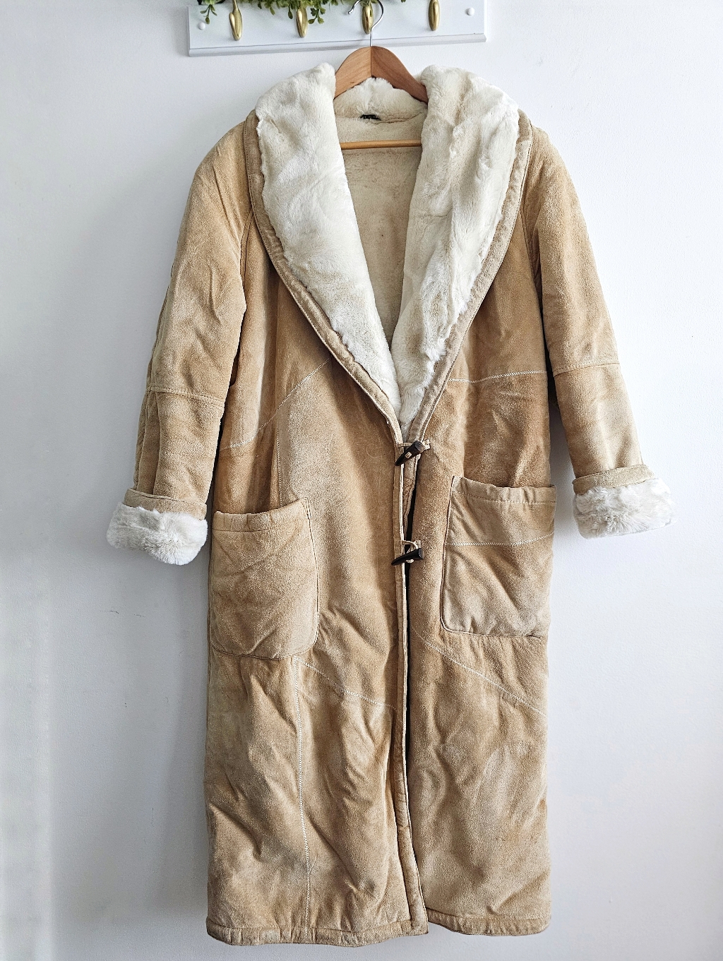 Vintage Winlit 1969 Genuine Leather Full Length Heavy Tan Coat M Faux Shearling